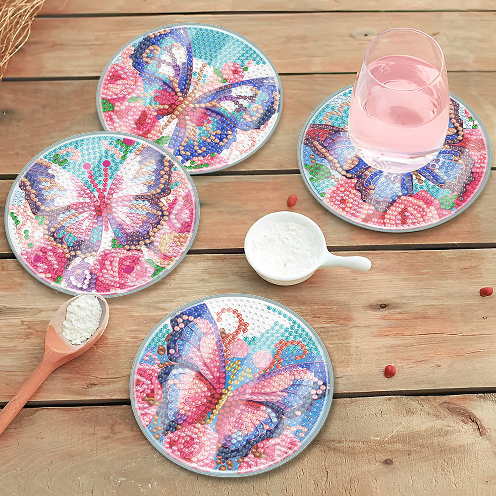 6PCS Acrylic Washable Diamond Painting Crafts Coaster with Holder (Butterfly)