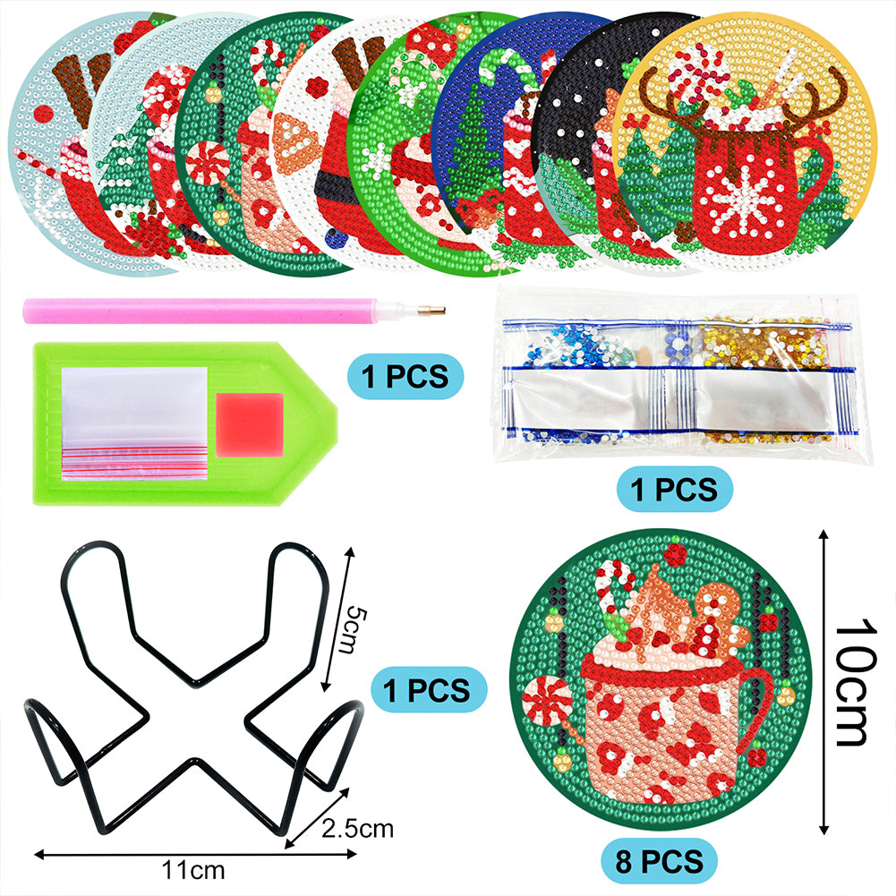 8PCS Christmas Paper Diamond Painting Art Coaster Kit with Holder for Adults(#1)