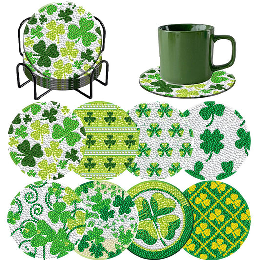 8PCS Wooden Diamond Painting Art Coaster Kit with Holder (Saint Patricks Day #1)