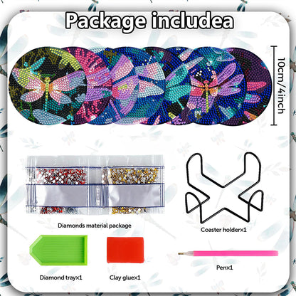 8PCS Wooden Diamond Painting Art Coaster Kit with Holder (Dazzling Dragonfly)