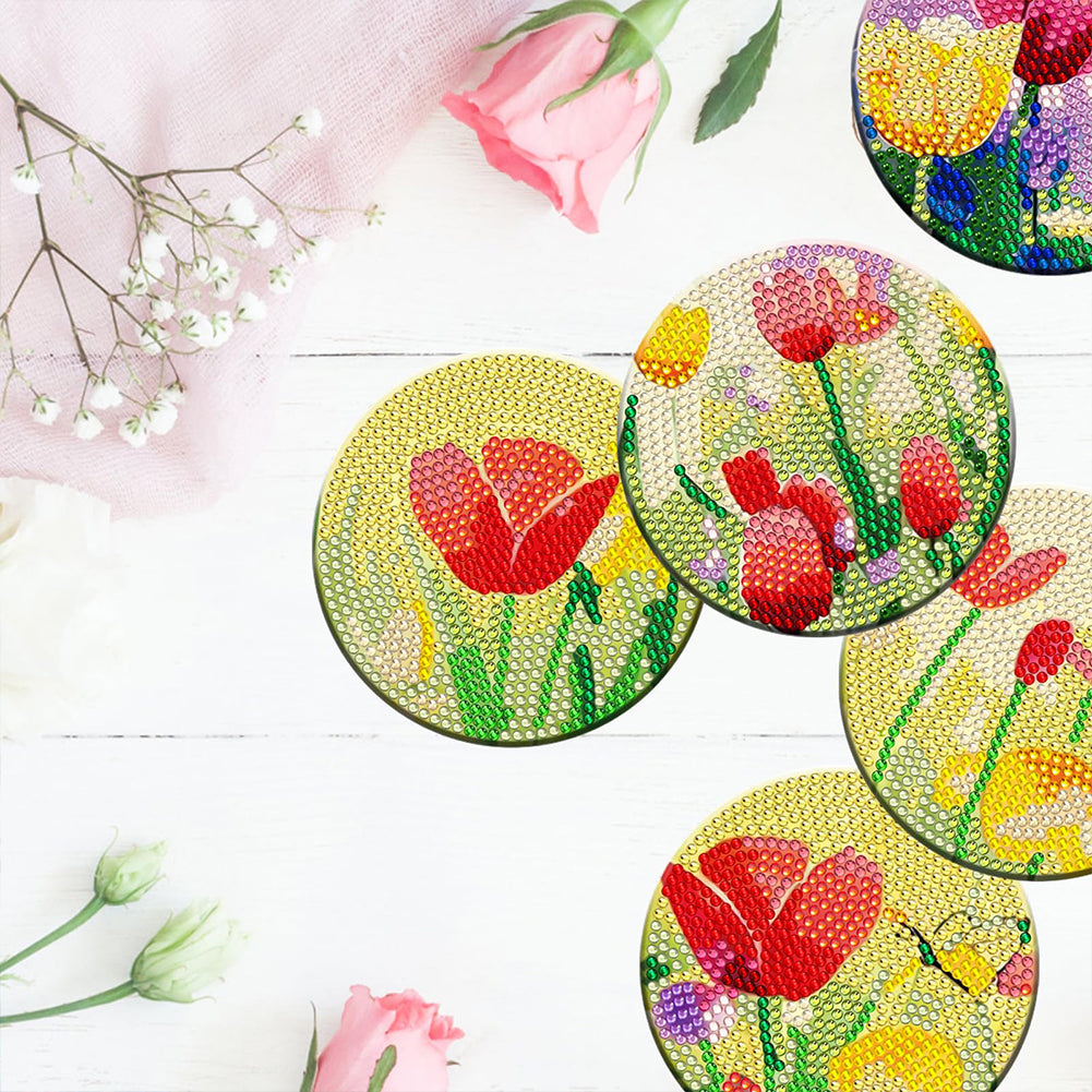 8PCS Wooden Diamond Painting Art Coaster Kit with Holder for Adults Kids (Tulip)