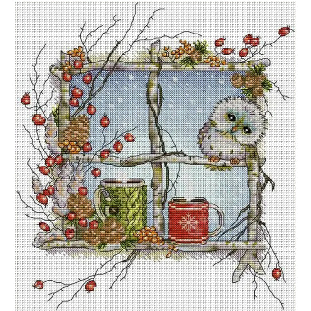 Owl On The Window - 14CT Stamped Cross Stitch 30*34CM