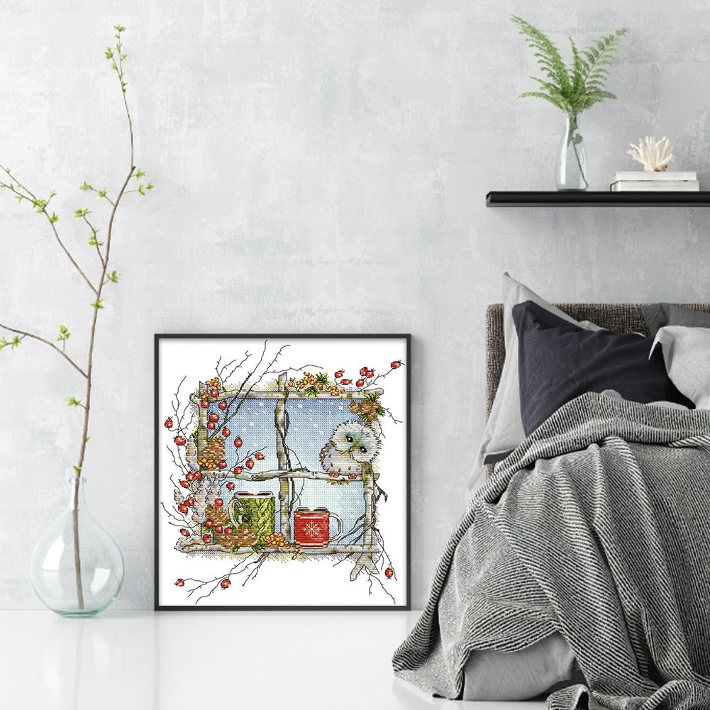 Owl On The Window - 14CT Stamped Cross Stitch 30*34CM