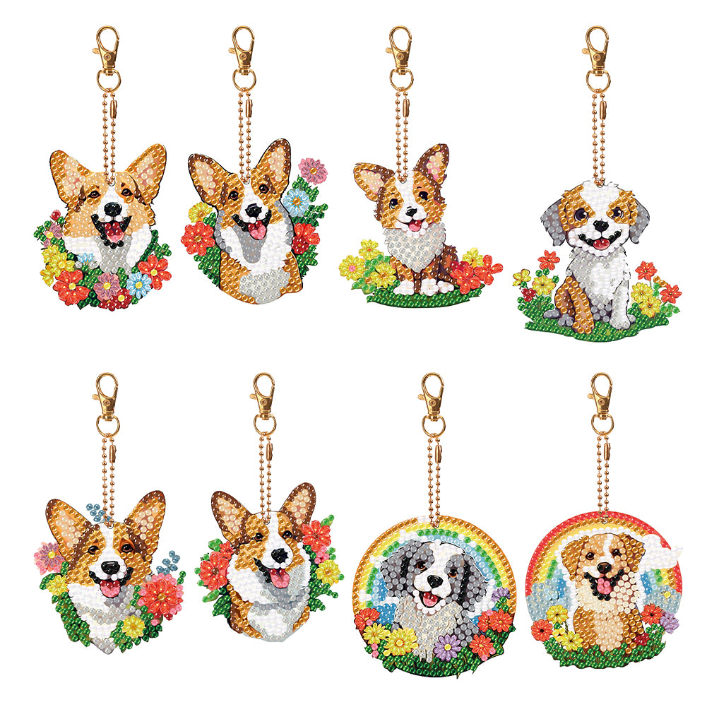 8PCS Double Sided Round Diamond Painting Art Keychain Pendant (Rainbow Dog)