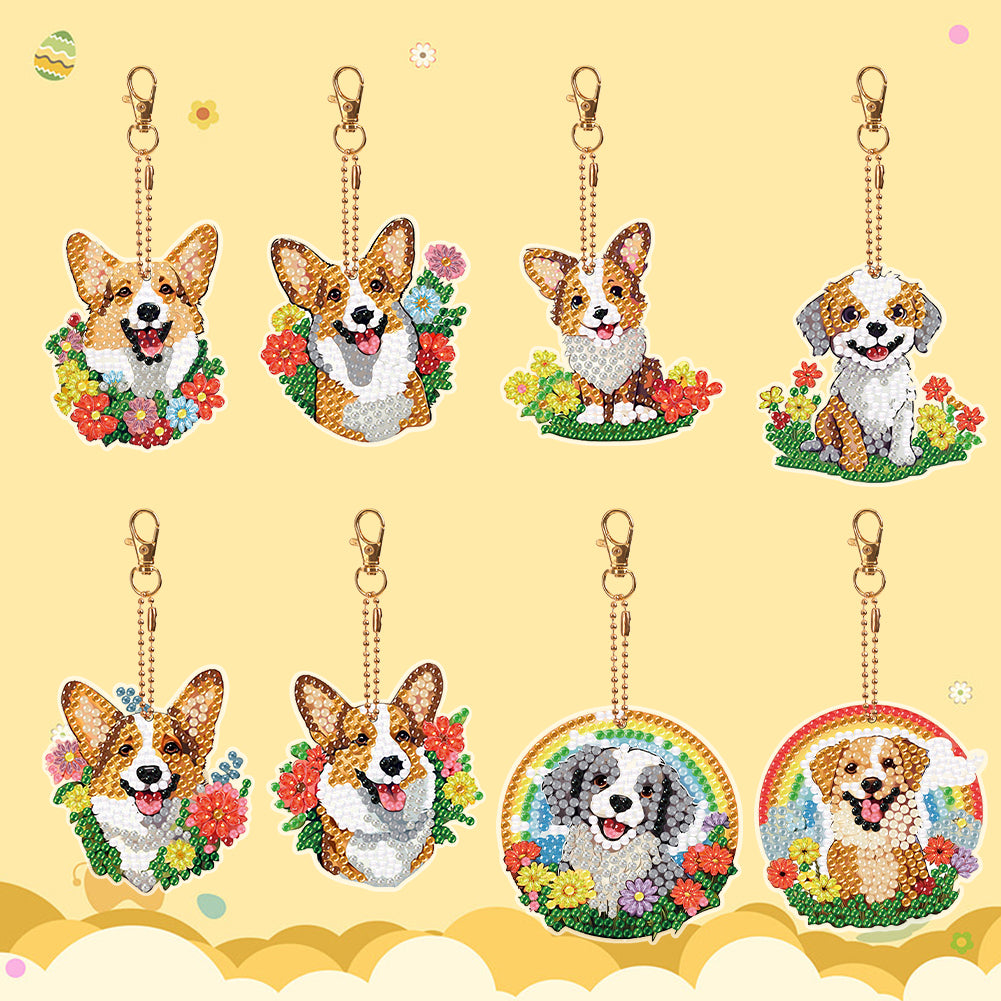 8PCS Double Sided Round Diamond Painting Art Keychain Pendant (Rainbow Dog)