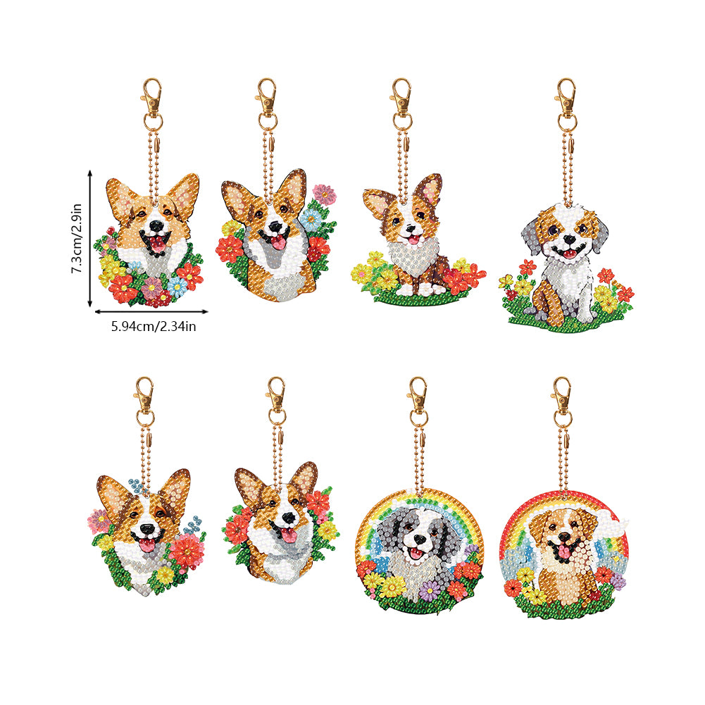 8PCS Double Sided Round Diamond Painting Art Keychain Pendant (Rainbow Dog)