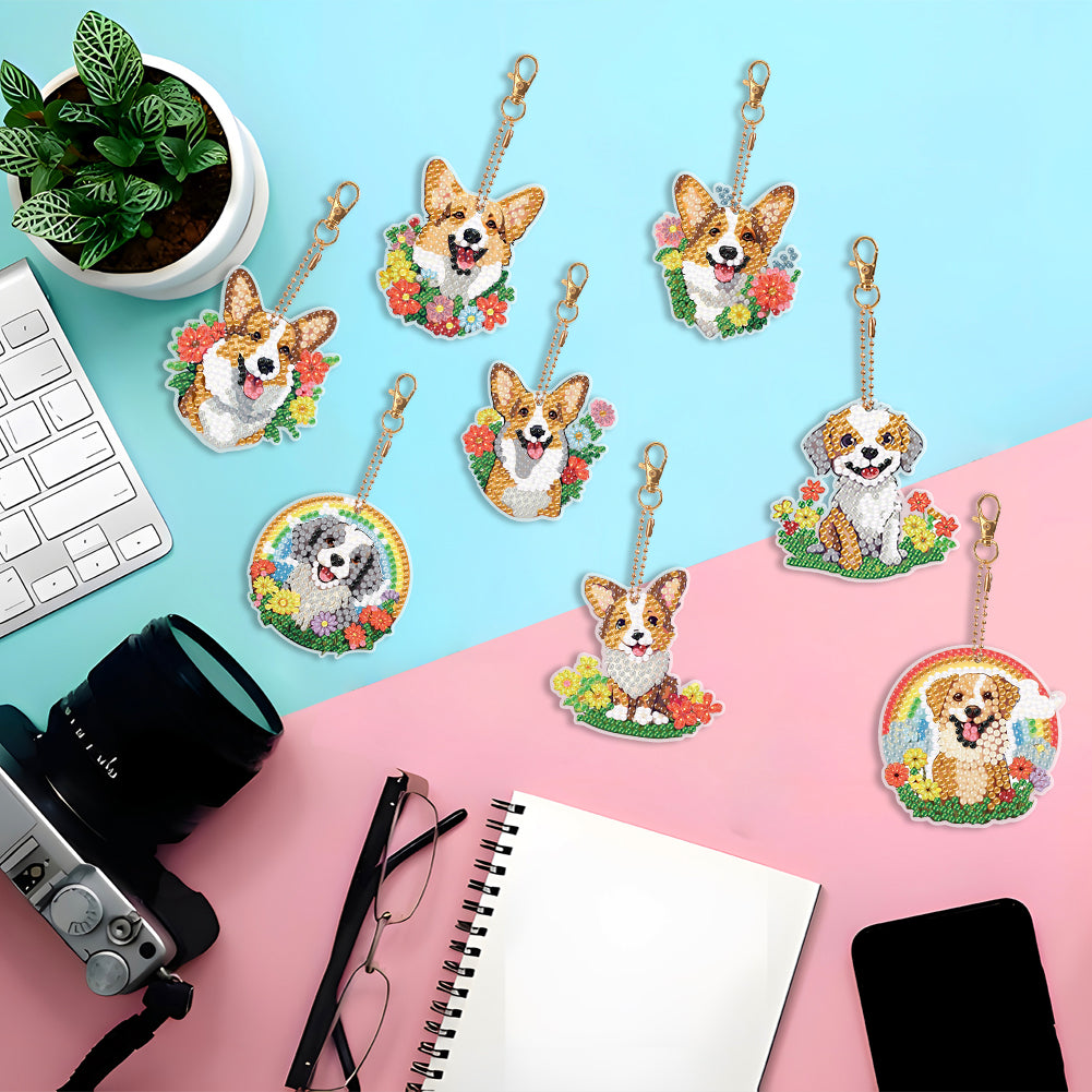 8PCS Double Sided Round Diamond Painting Art Keychain Pendant (Rainbow Dog)