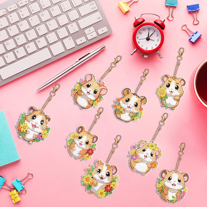 8PCS Double Sided Round Diamond Painting Art Keychain Pendant for Adult(Hamster)
