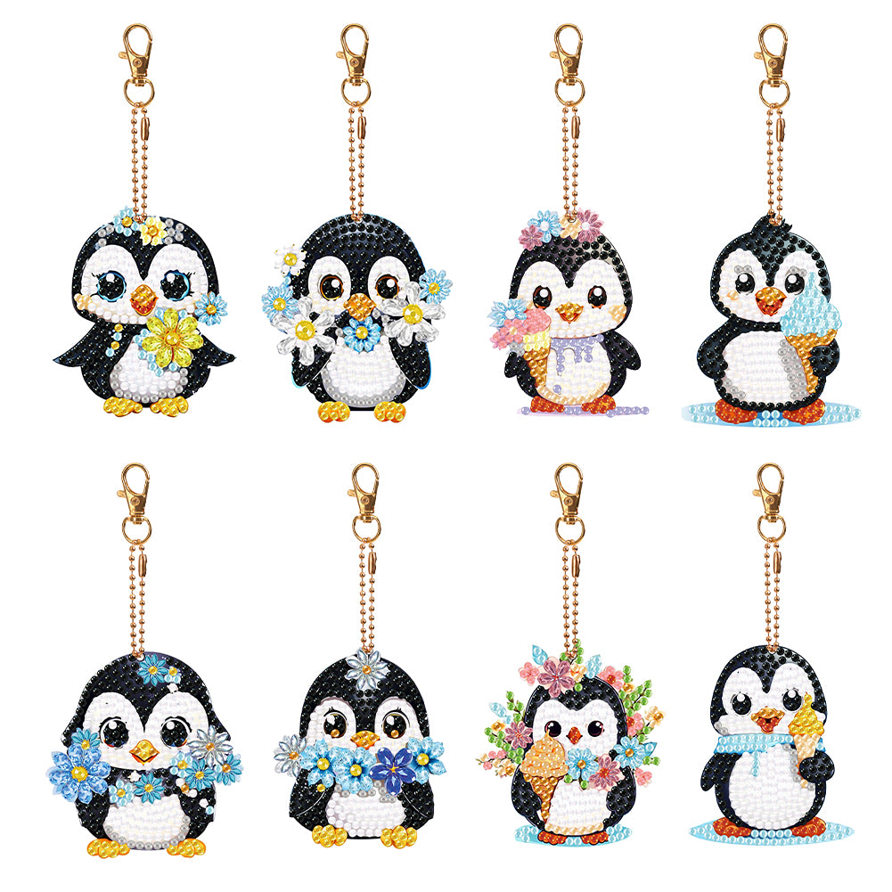 8PCS Double Sided Round Diamond Painting Art Keychain Pendant (Penguin #4)