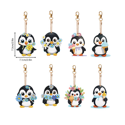 8PCS Double Sided Round Diamond Painting Art Keychain Pendant (Penguin #4)