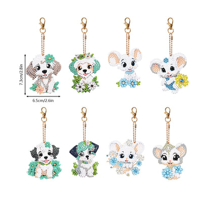 8PCS Double Sided Round Diamond Painting Art Keychain Pendant (Dog and Mouse)