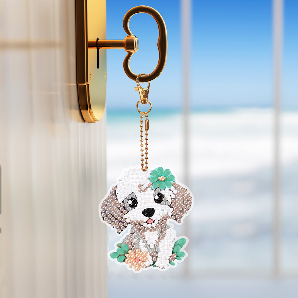 8PCS Double Sided Round Diamond Painting Art Keychain Pendant (Dog and Mouse)