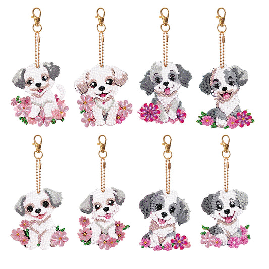 8PCS Double Sided Round Diamond Painting Art Keychain Pendant (White Dog)