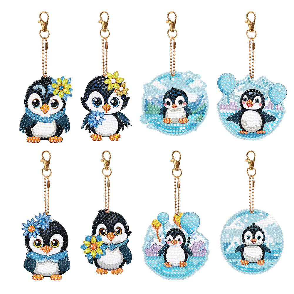 8PCS Double Sided Round Diamond Painting Art Keychain Pendant (Penguin #12)