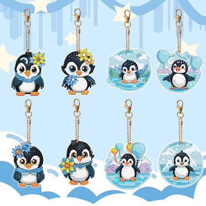 8PCS Double Sided Round Diamond Painting Art Keychain Pendant (Penguin #12)