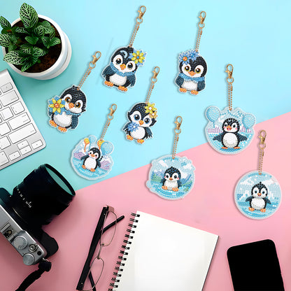 8PCS Double Sided Round Diamond Painting Art Keychain Pendant (Penguin #12)