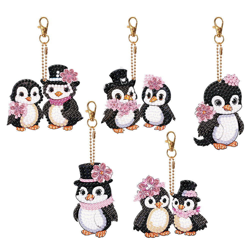 5PCS Double Sided Round Diamond Painting Art Keychain Pendant (Penguin #1)