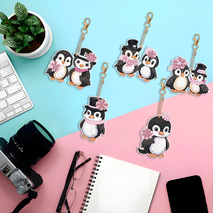 5PCS Double Sided Round Diamond Painting Art Keychain Pendant (Penguin #1)