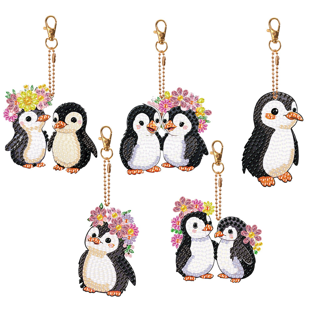 5PCS Double Sided Round Diamond Painting Art Keychain Pendant (Penguin #4)