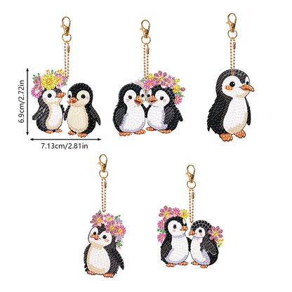 5PCS Double Sided Round Diamond Painting Art Keychain Pendant (Penguin #4)