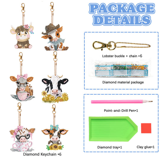 6PCS Double Sided Round Diamond Painting Art Keychain Pendant (Each Busy Cow)