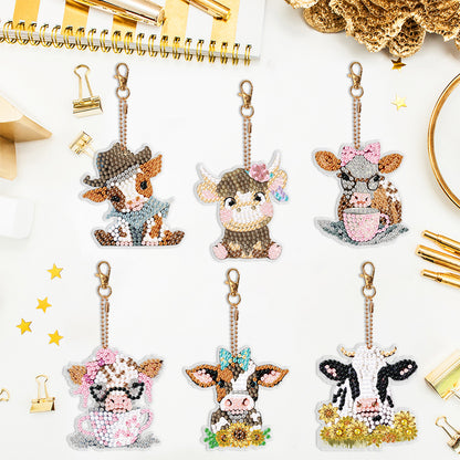 6PCS Double Sided Round Diamond Painting Art Keychain Pendant (Each Busy Cow)