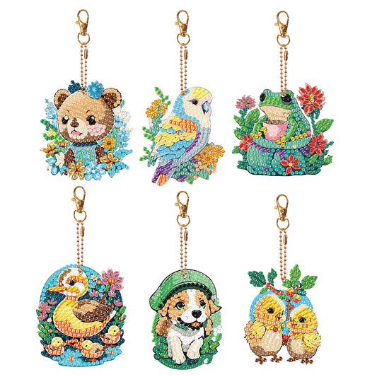 6PCS Double Sided Round Diamond Painting Art Keychain Pendant(Nature and Animal)