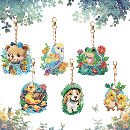 6PCS Double Sided Round Diamond Painting Art Keychain Pendant(Nature and Animal)