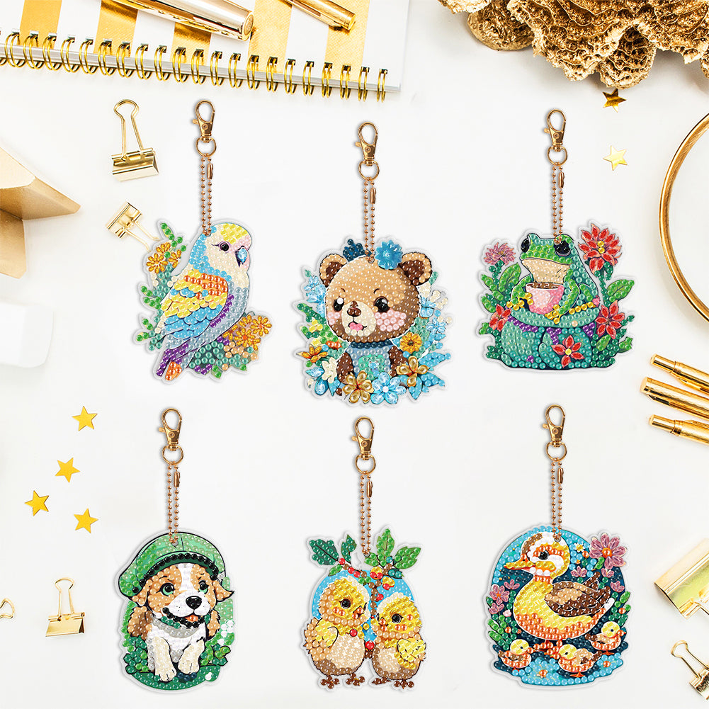 6PCS Double Sided Round Diamond Painting Art Keychain Pendant(Nature and Animal)