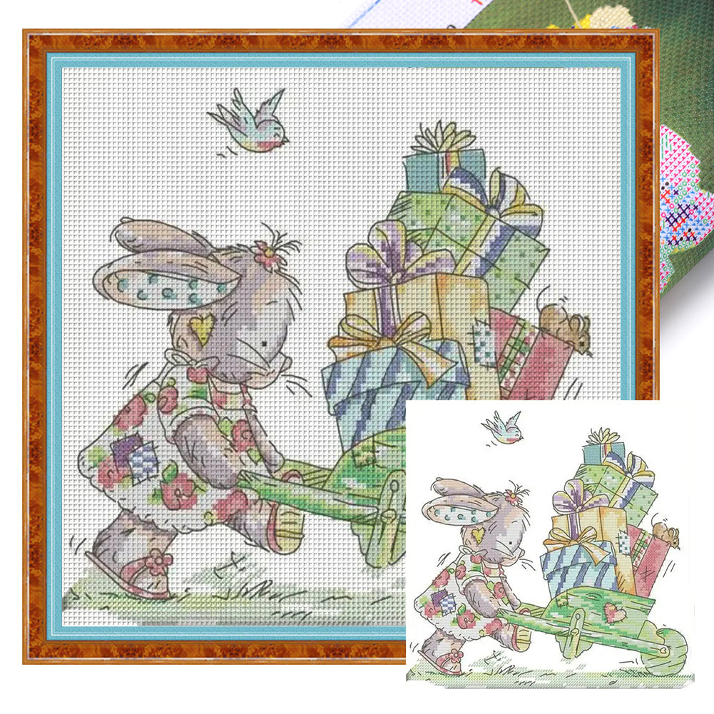 Rabbit And Gift - 14CT Stamped Cross Stitch 28*27CM