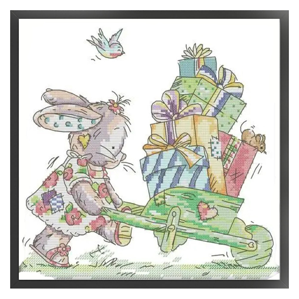 Rabbit And Gift - 14CT Stamped Cross Stitch 28*27CM