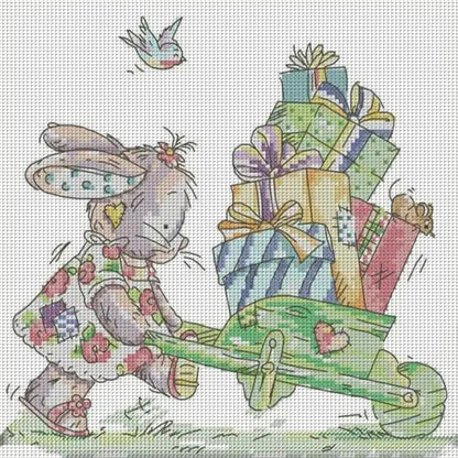 Rabbit And Gift - 14CT Stamped Cross Stitch 28*27CM