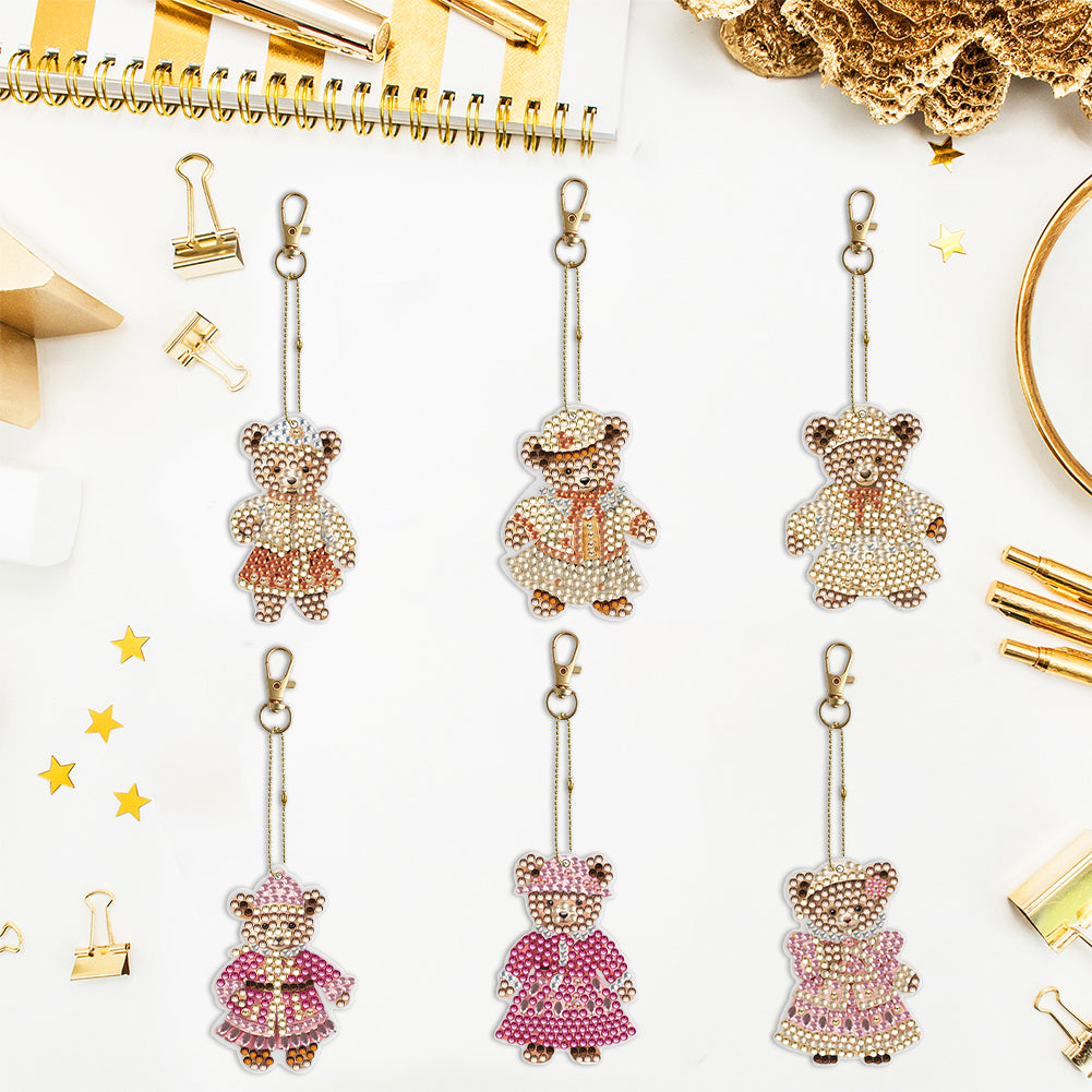 6PCS Double Sided Special Shape Diamond Painting Keychain for Beginners (Bear)