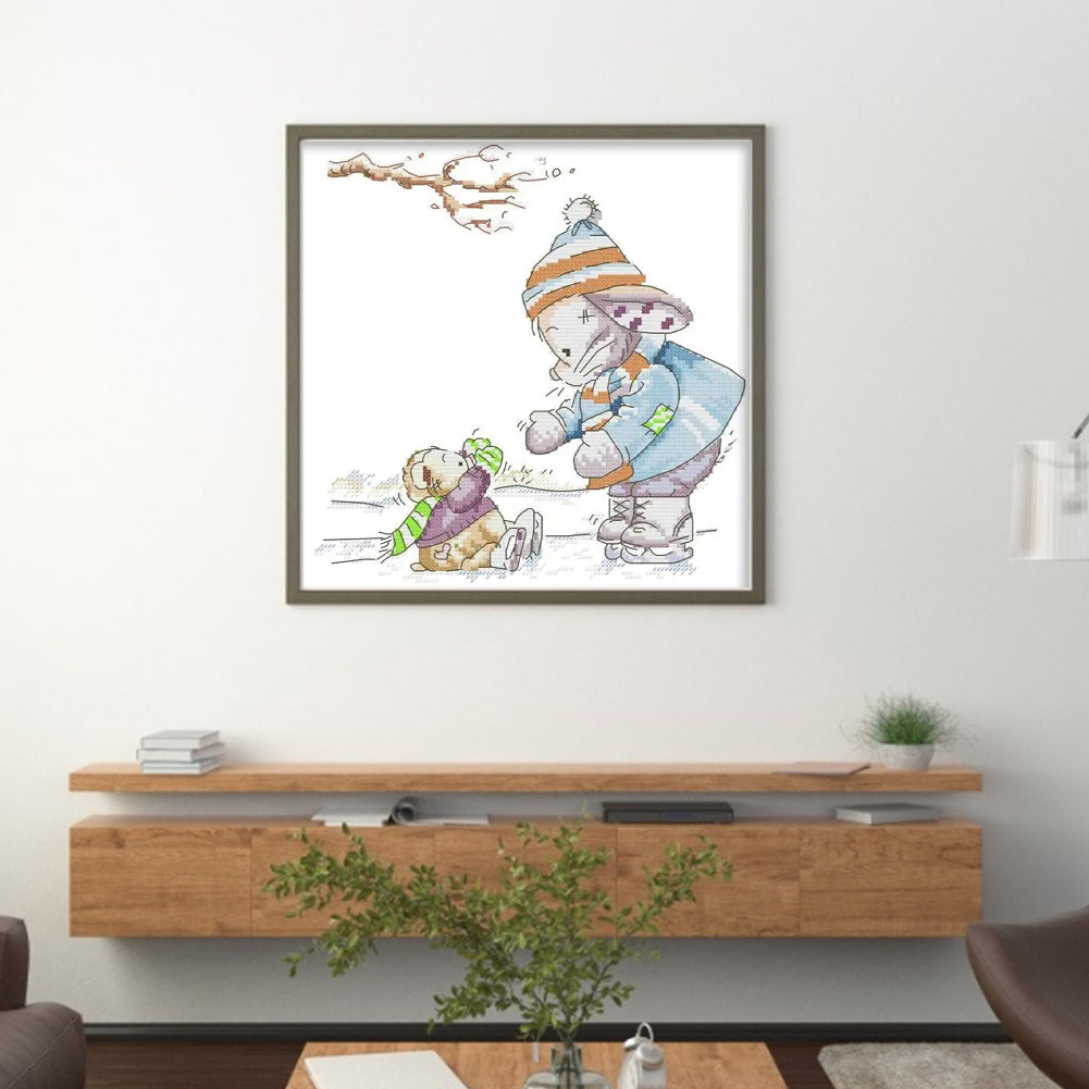 Rabbit Is Skating - 14CT Stamped Cross Stitch 28*28CM