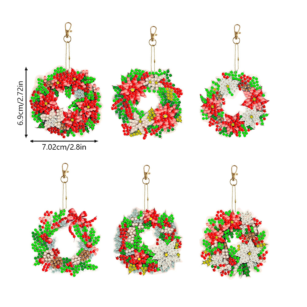 6PCS Double Sided Diamond Painting Keychain for Xmas Decor (Christmas Wreath)