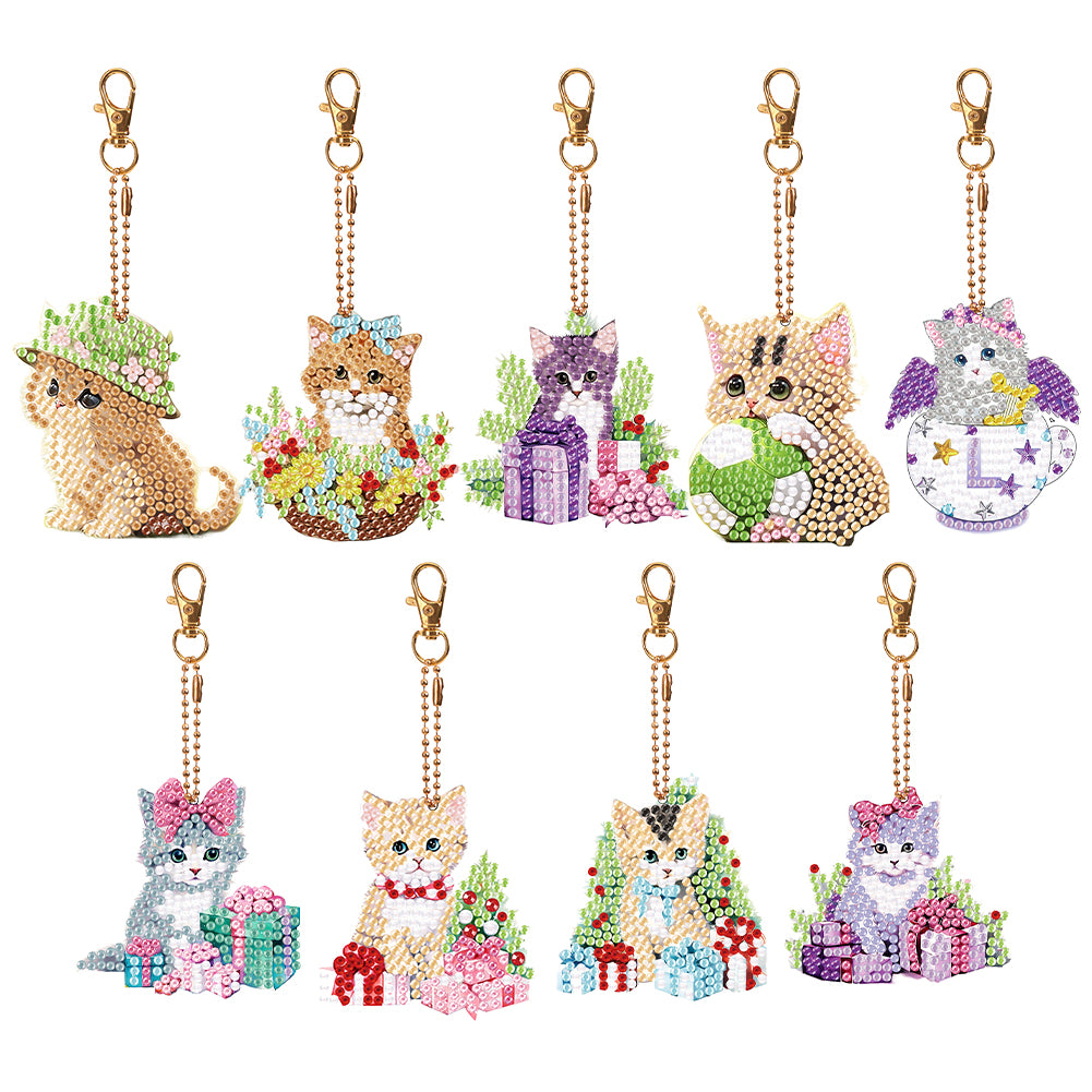 9PCS Cat Double Sided Diamond Painting Keychain for Beginners Craft Supplies