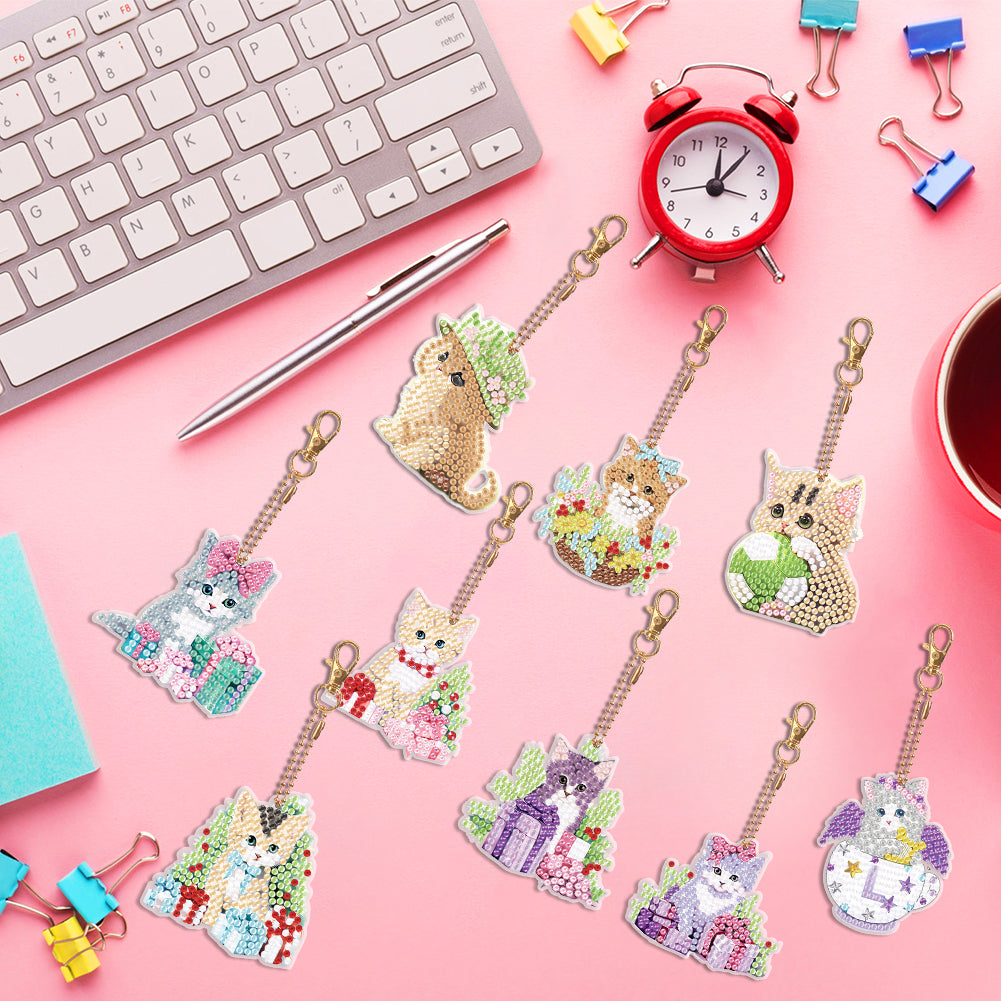 9PCS Cat Double Sided Diamond Painting Keychain for Beginners Craft Supplies