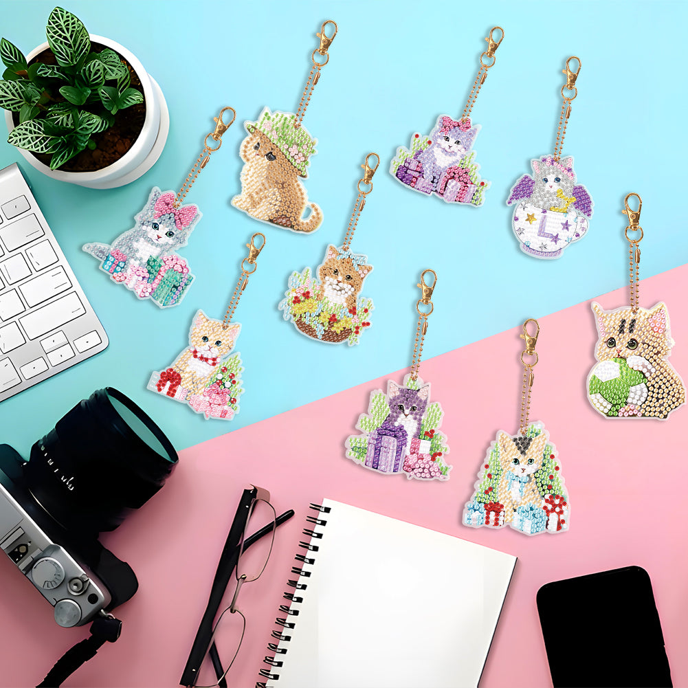 9PCS Cat Double Sided Diamond Painting Keychain for Beginners Craft Supplies