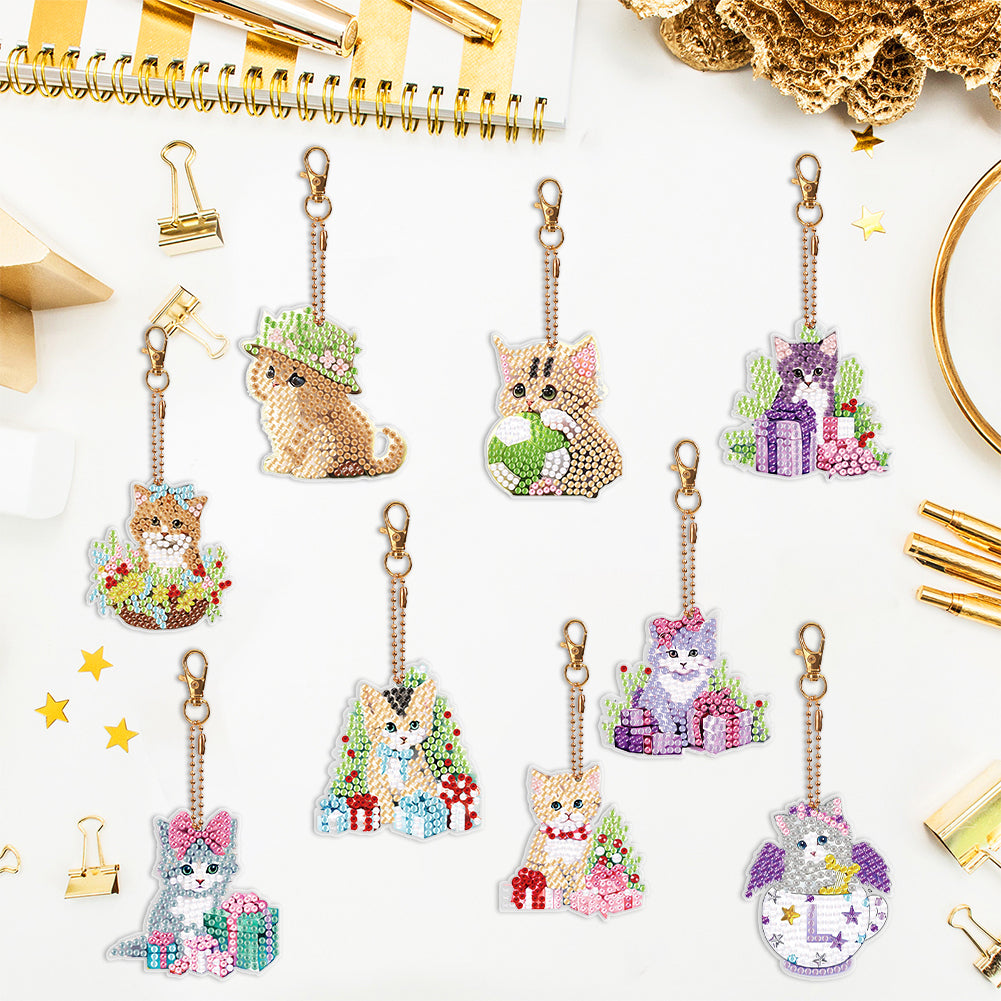 9PCS Cat Double Sided Diamond Painting Keychain for Beginners Craft Supplies