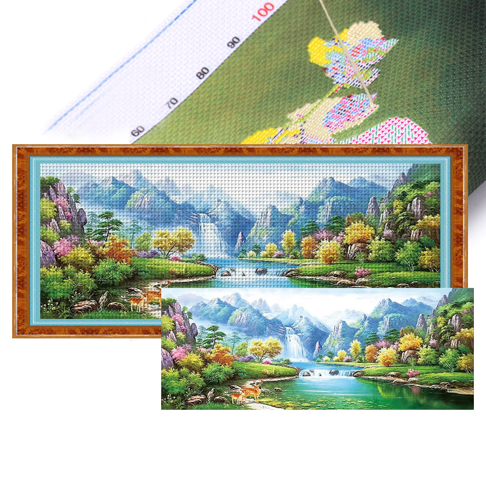 Green Mountain Green Water Mother Deer - 11CT Stamped Cross Stitch 150*70CM