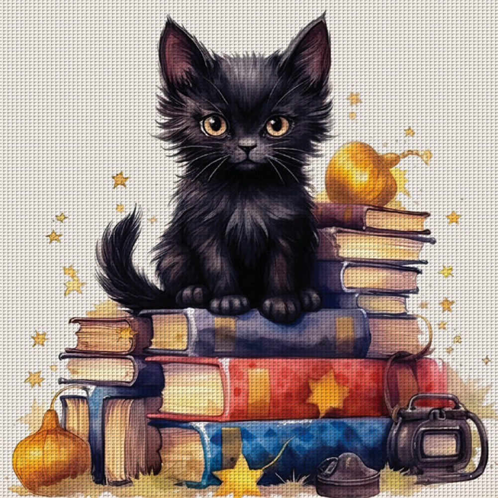 Black Cat On Book - 11CT Stamped Cross Stitch 60*60CM