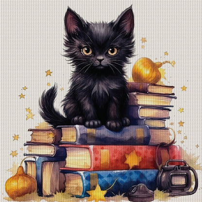 Black Cat On Book - 11CT Stamped Cross Stitch 60*60CM