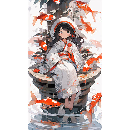 Goldfish And Girl - Full Round AB Drill Diamond Painting 40*70CM