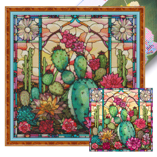 Glass Painting - Cactus Flower - 11CT Stamped Cross Stitch 50*50CM