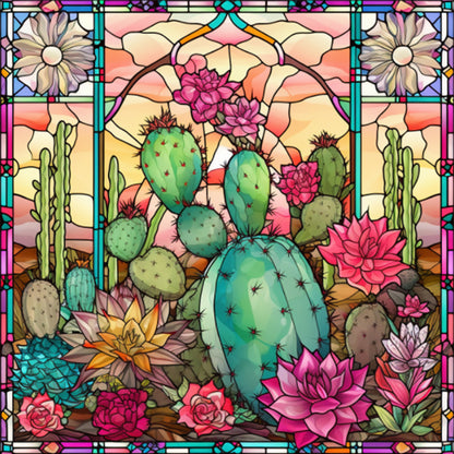 Glass Painting - Cactus Flower - 11CT Stamped Cross Stitch 50*50CM