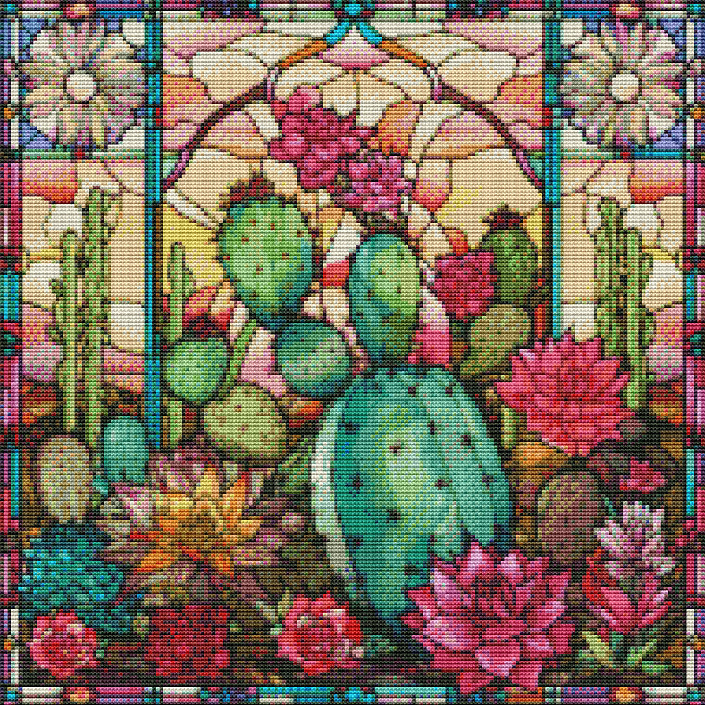 Glass Painting - Cactus Flower - 11CT Stamped Cross Stitch 50*50CM