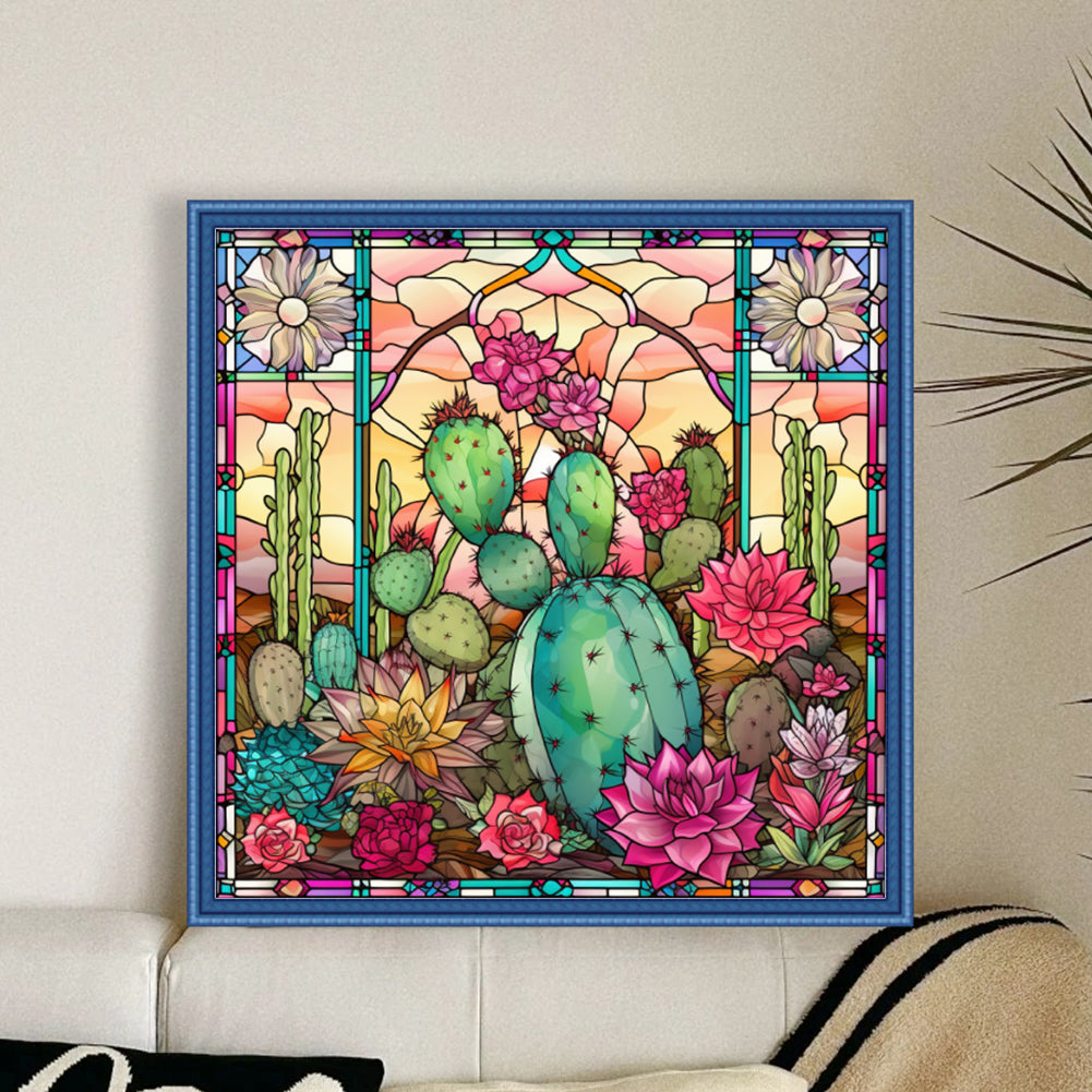 Glass Painting - Cactus Flower - 11CT Stamped Cross Stitch 50*50CM