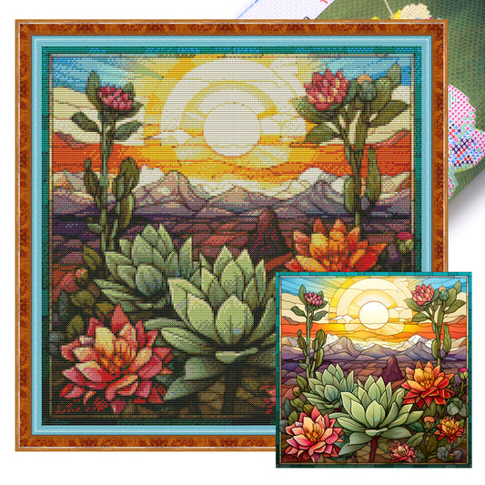 Glass Painting - Cactus Flower - 11CT Stamped Cross Stitch 50*50CM