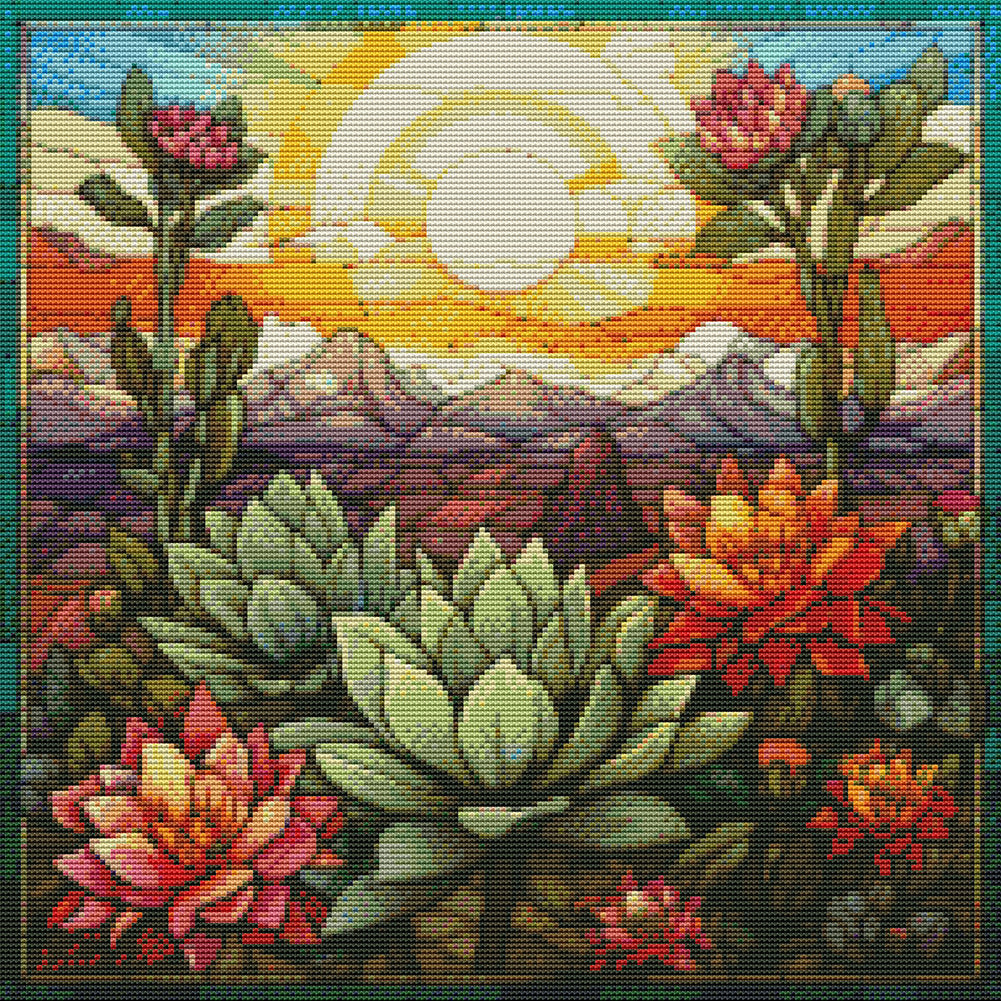 Glass Painting - Cactus Flower - 11CT Stamped Cross Stitch 50*50CM