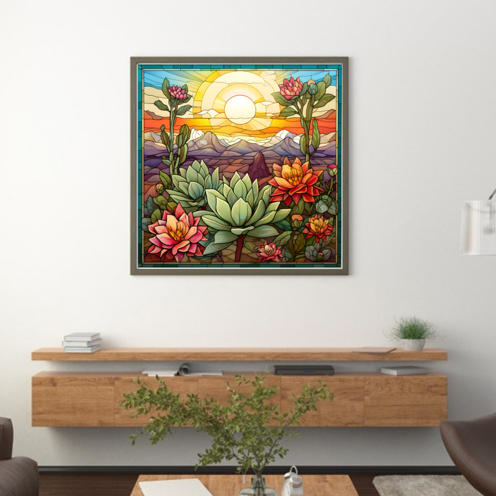 Glass Painting - Cactus Flower - 11CT Stamped Cross Stitch 50*50CM